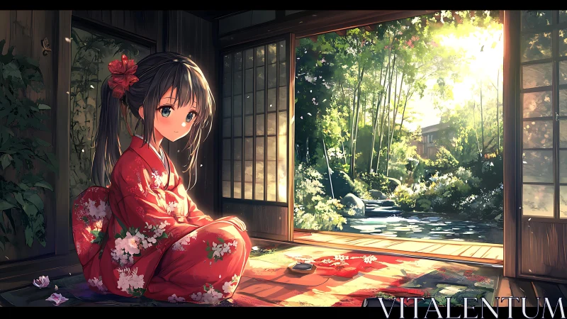 Girl in red kimono watching sunlit Japanese garden