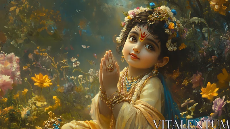 Blossom-crowned child deity in a luminous forest prayer.