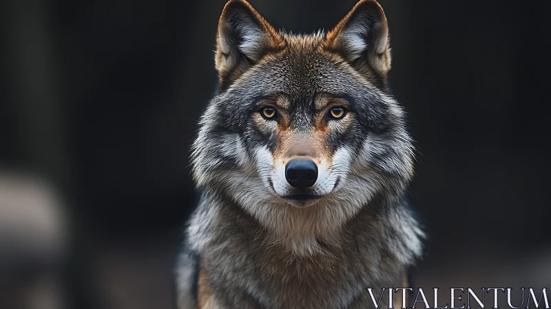 Front-facing grey wolf portrait rendered in photoreal detail