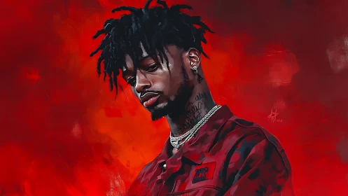 Digital portrait of pensive man on intense red backdrop.