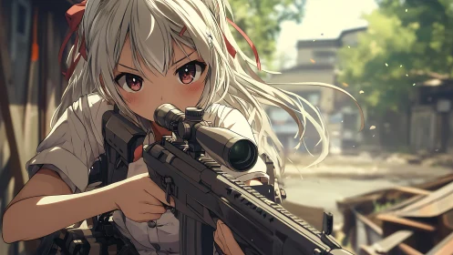 Anime sniper girl aiming rifle in sunlit urban alleyway