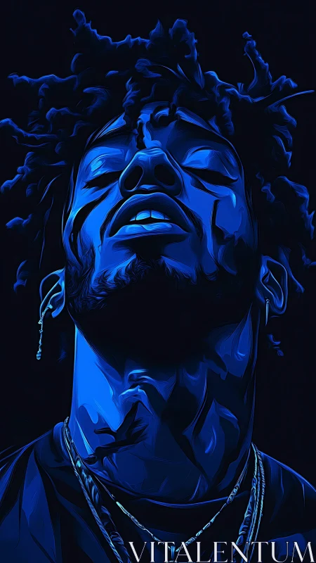 Stylized blue digital portrait of a person against dark background.