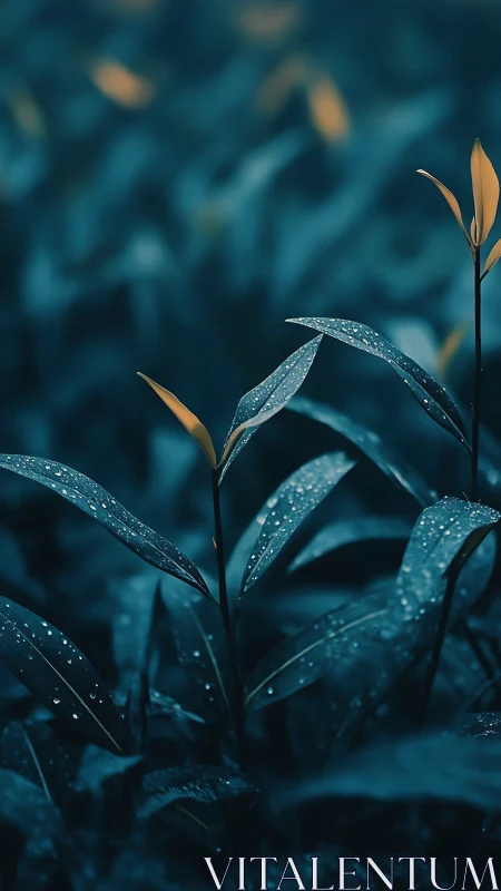 Moody macro foliage study with dew-laden teal leaves.