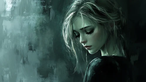 Melancholic woman in muted green digital portrait turns away