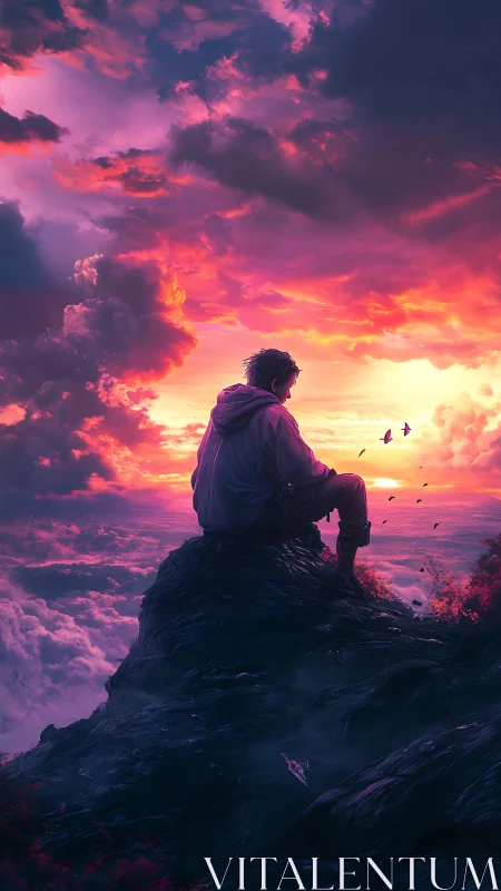 Backlit hiker silhouette observes stratified clouds at neon dusk