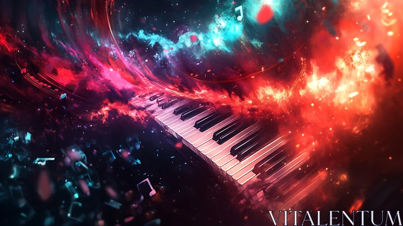 Piano keyboard amid swirling red and blue abstract light.