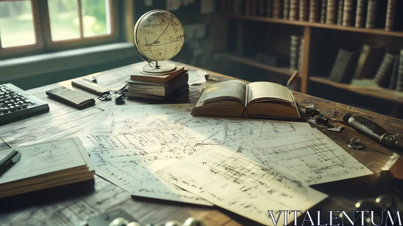Sunlit study desk filled with sketches, books, and a globe.