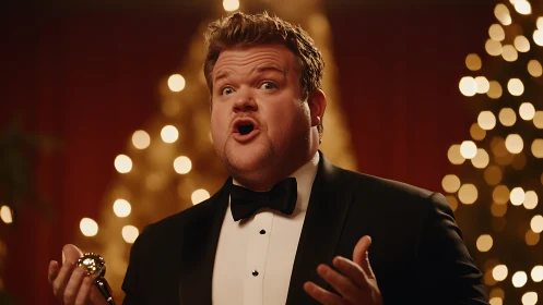 Warm holiday singer in a tuxedo under sparkling lights.