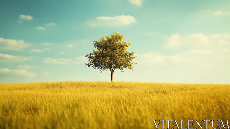 Solitary deciduous tree on sunlit wheat plain under cyan sky.