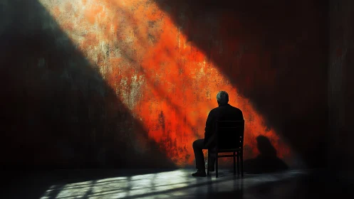 Solitary figure sits quietly in a room of shadow and firelight