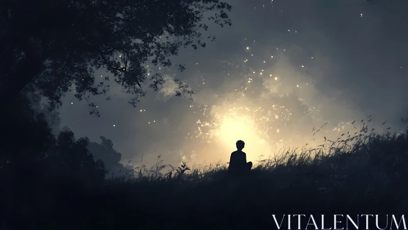 Silhouette child on twilight hillside facing luminous forest core