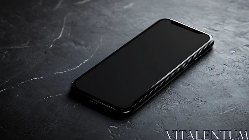 Black smartphone on textured slate surface with neutral lighting.