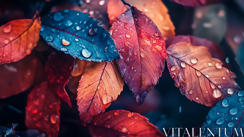 Macro study of dewy autumn leaves in saturated bokeh field.
