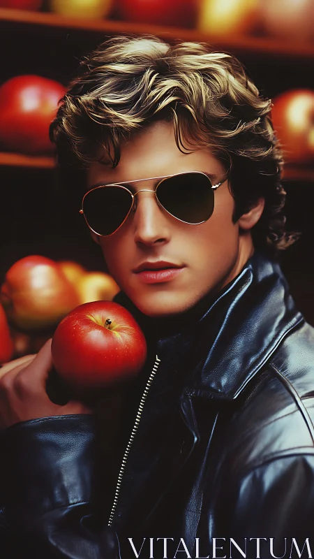 Retro-styled man in leather jacket holding red apple portrait
