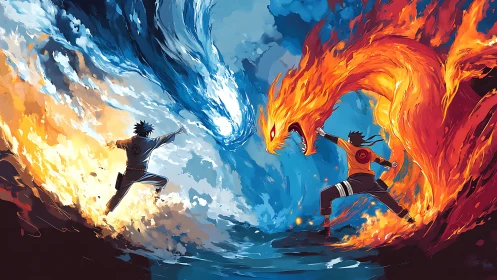 Elemental anime duel with dynamic fire and water composition.
