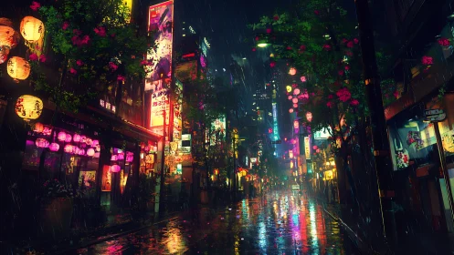 Neon-lit rainy alley renders cyber-noir reflections in depth