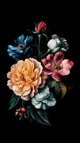 Velvet petals dance in darkness: A baroque floral symphony blooms.