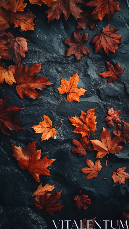 Rustling copper leaves resting gently on dark river stone.