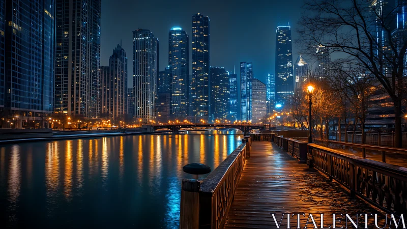 Cozy riverside boardwalk glowing beneath a vivid city night.