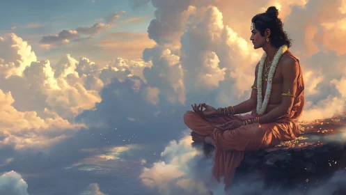 Sky-cliff yogi in sunrise clouds of quiet, golden serenity.