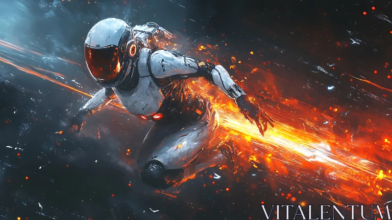 Supersonic exo-suited astronaut surfing a plasma ignition trail.