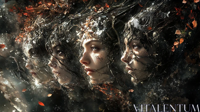 Four female profiles merged with branches and autumn leaves.