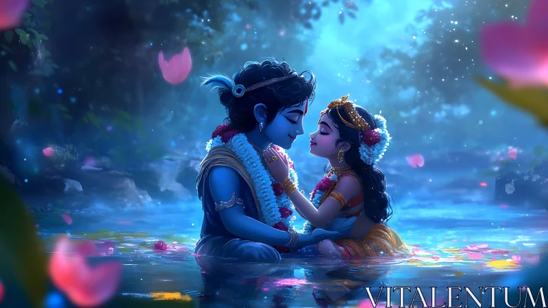 Two figures sit in luminescent water beneath stylized forest environment