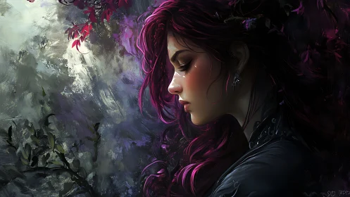 Melancholy dusk muse with magenta storm of tangled hair.