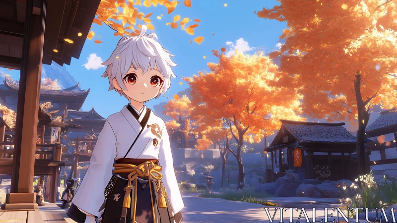 Soft-eyed anime child wanders through sunlit autumn shrine