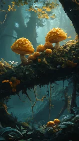 Golden mushrooms on mossy log in misty forest light.