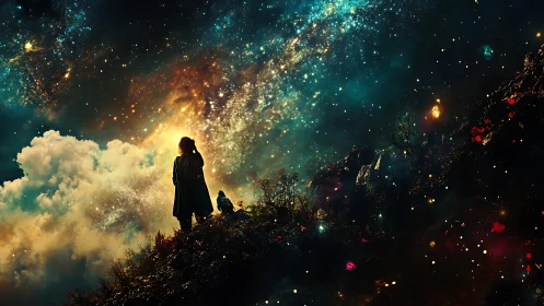 Silhouetted dreamers gaze into a glowing cosmic night sky