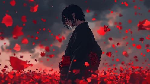 Solitary figure walks through crimson petals beneath storm clouds