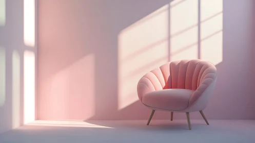 Soft pink lounge chair in minimalist sunlit interior study