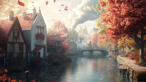 Sunlit autumn canal village invites a slow, dreamy wander