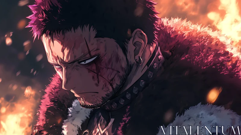 Battle-scarred warrior broods in ember-lit storm of regret.