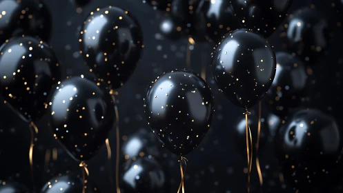 Spherical Balloons with Luminous Bokeh Particles and Golden Ribbon Details.