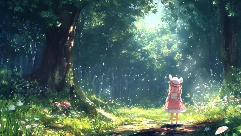 Sunlit forest path pauses beneath a small wanderer’s wonder