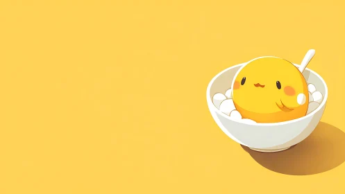 Sunny dumpling chick relaxing in a cozy dessert bowl.