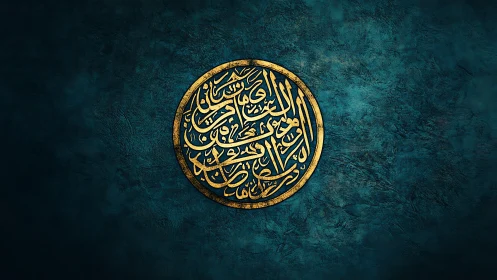Golden Arabic calligraphy medallion on deep teal texture.