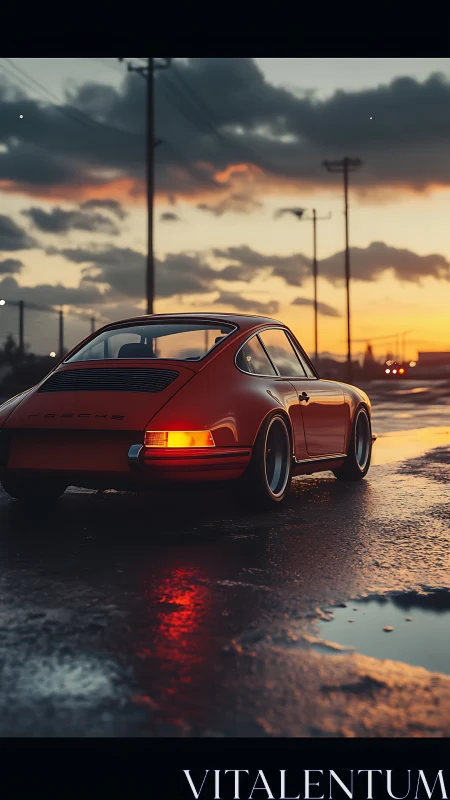 Classic orange sports car glows against a rainy sunset road