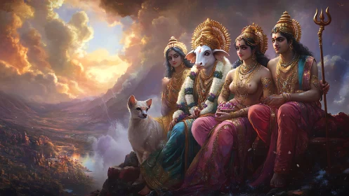 Radiant divine gathering resting above a glowing valley.