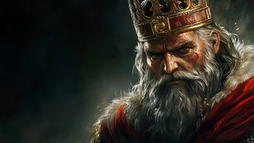 Battle-scarred gray-bearded king in ornate golden crown.