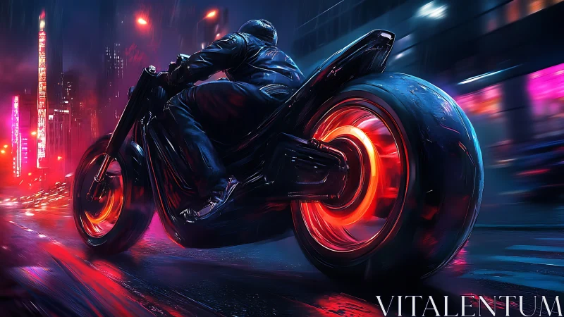 High-speed neon motorcycle with glowing hubless wheels in rain