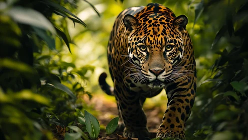 Jaguar stalking through lush rainforest corridor in bokeh light.
