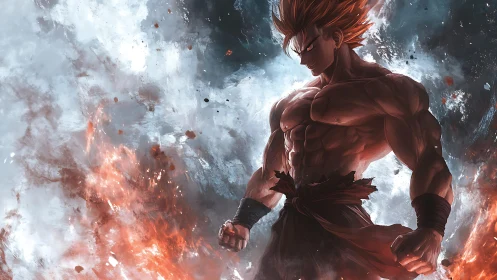 Fierce anime warrior emerging from swirling fire and frost.