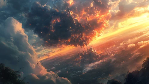 Floating citadel erupts from storm cloud above sunlit horizon