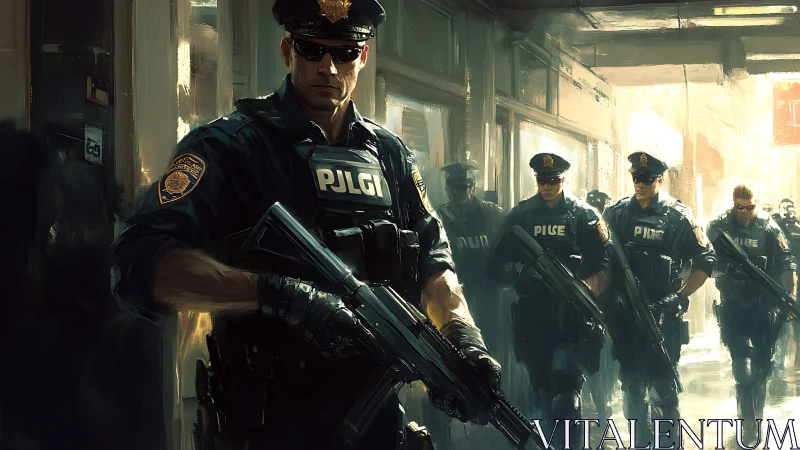 Armed police squad moves through urban corridor on patrol.