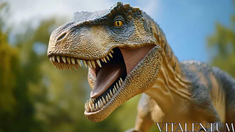 Ferocious dinosaur head roaring under bright blue sky.