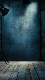 Moody studio backdrop with spotlight on blue concrete wall.