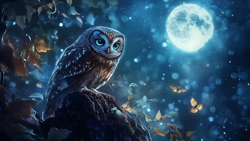 Enchanted Owl Under Full Moon in Magical Night Forest Scene.